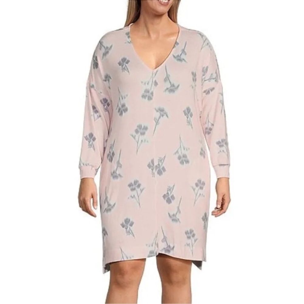 DK 2X Pink White Gray Heather Rose Brushed Mark Jersey Long Sleeve Lounge Gown